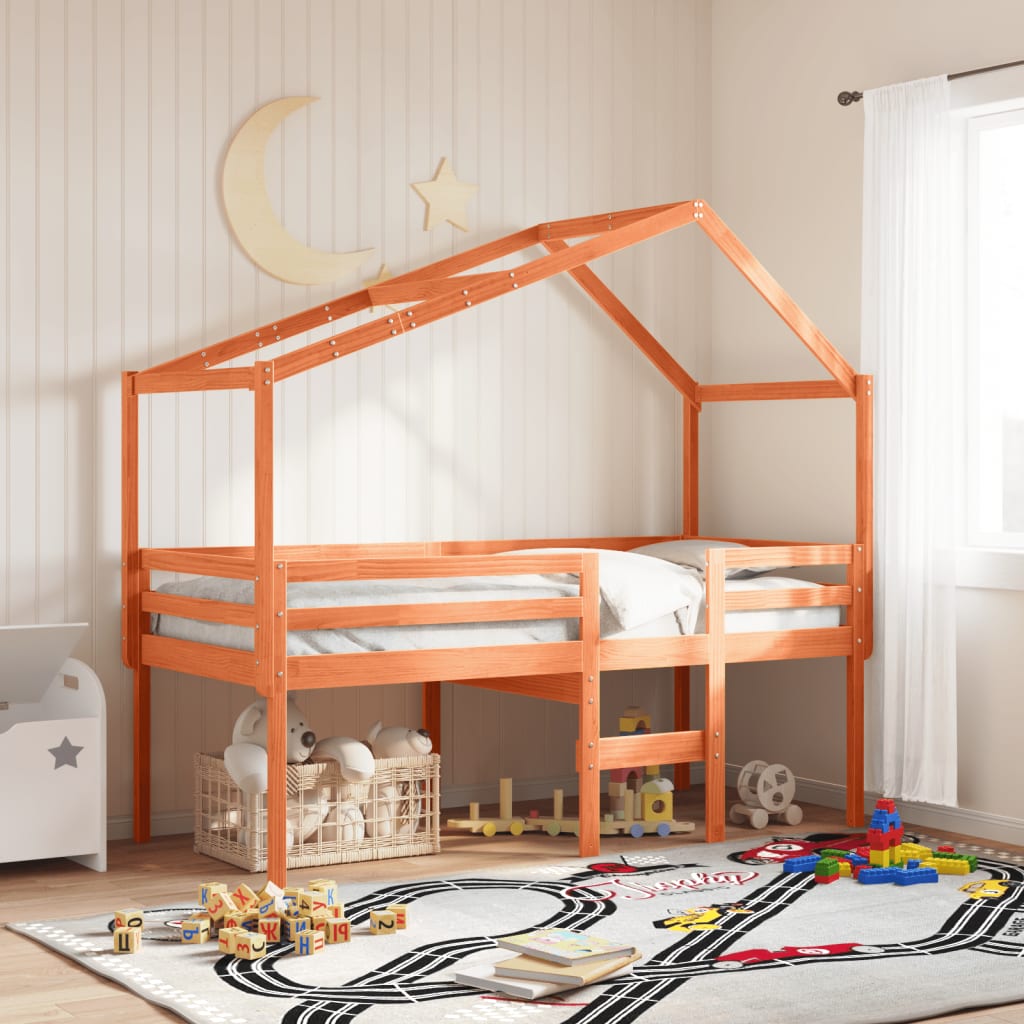 High Bed with Roof Wax Brown 80 x 200 cm Solid Pine Wood