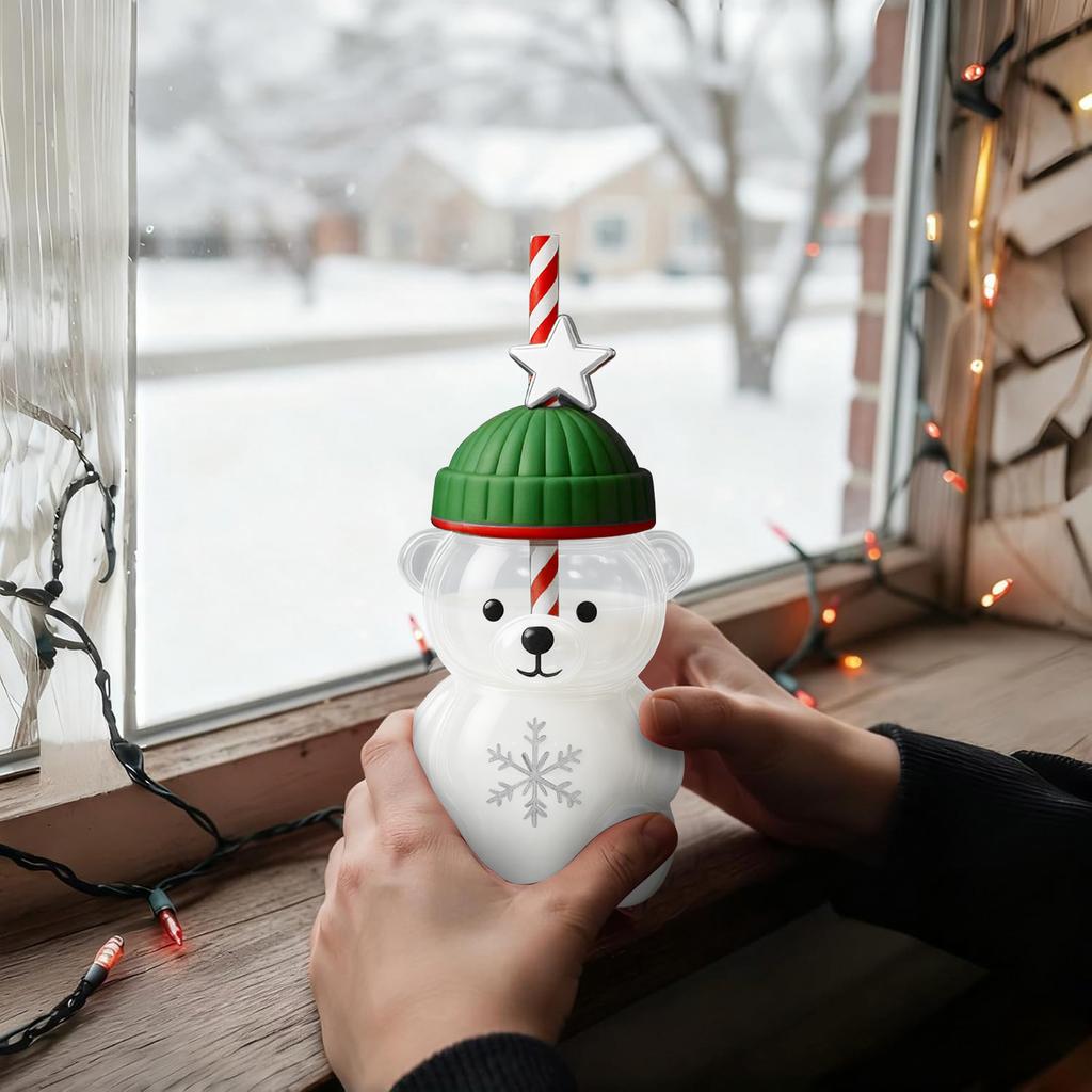 Кружка с соломинкой из стекла в форме медведя: Милый прозрачный дизайн, зеленая шляпа, стакан для воды