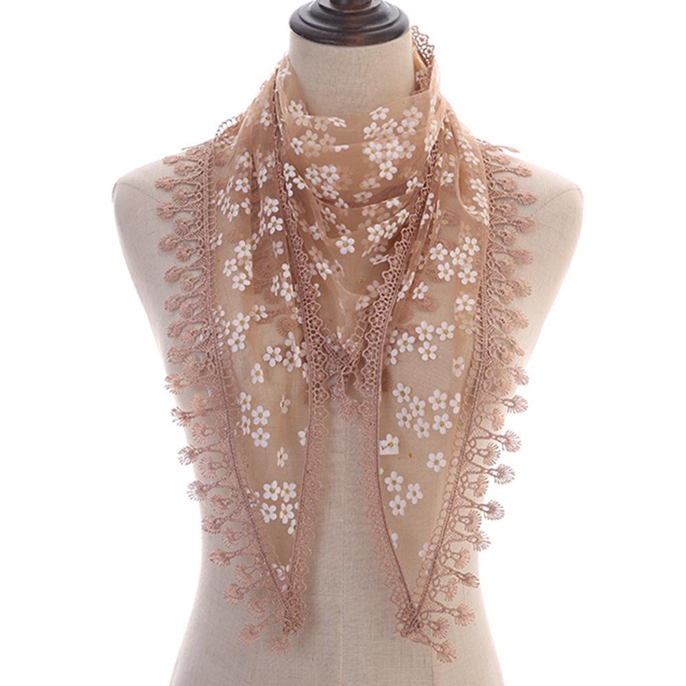 Korean Floral Lace Triangle Scarf with Tassels - Classic Breathable Design for Women
