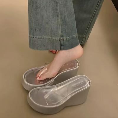 Новые женские туфли, толстые шлепанцы, сексуальные туфли-лодочки, модные шлепанцы из ПВХ, прозрачные тапочки на высоком каблуке, женская повседневная пляжная обувь для отдыха на природе