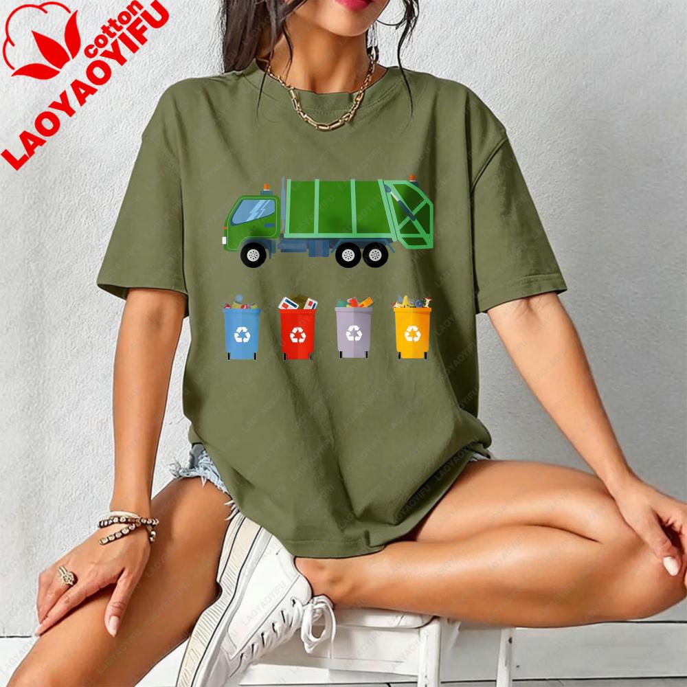 Funny Recycling Truck T-Shirt Recycling Symbols & Cartoon Trash Can Design Tee Environmental Graphic Tee Eco-Themed Apparel For