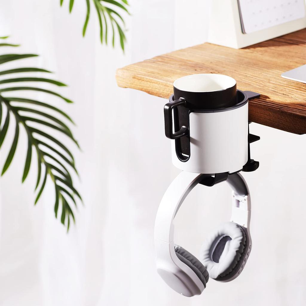 Bitze Luxury 2-in-1 Drink Cup Holder, Desk Cup Holder, Multifunctional Storage Rack for Computer Desks, and Earphone Holder (White)