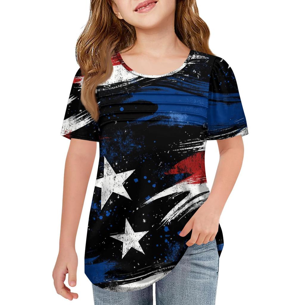 Детская плиссированная футболка с коротким рукавом, летняя футболка с круглым вырезом и принтом «День независимости»