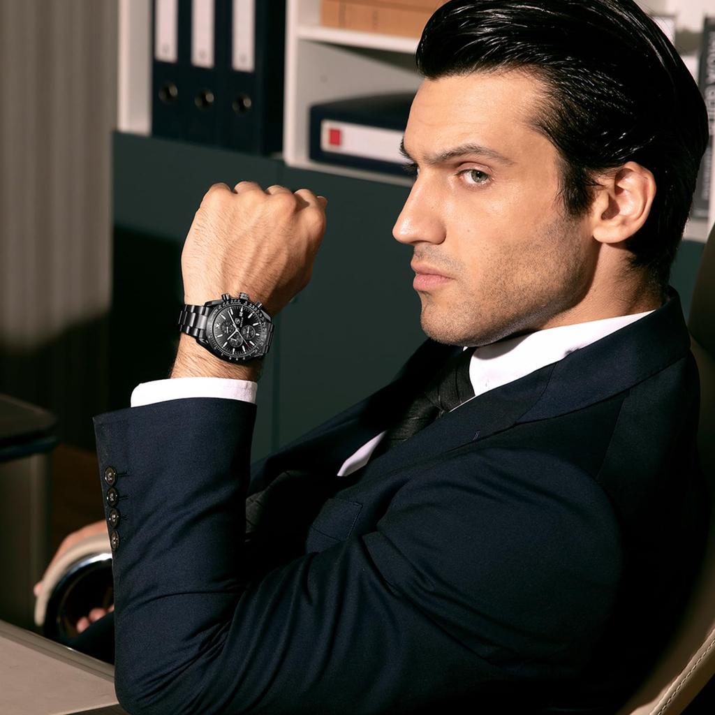 Benyar Men's Chronograph Analog Watch 30M Water Resistant Business Stylish Formal Leather Band Silver Black Quartz Gift