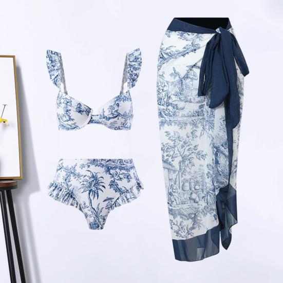 3 шт./компл. женское бикини с пляжной юбкой-прикрытием в богемном стиле, бюстгальтер-бандо с рюшами и рукавами, высокая талия