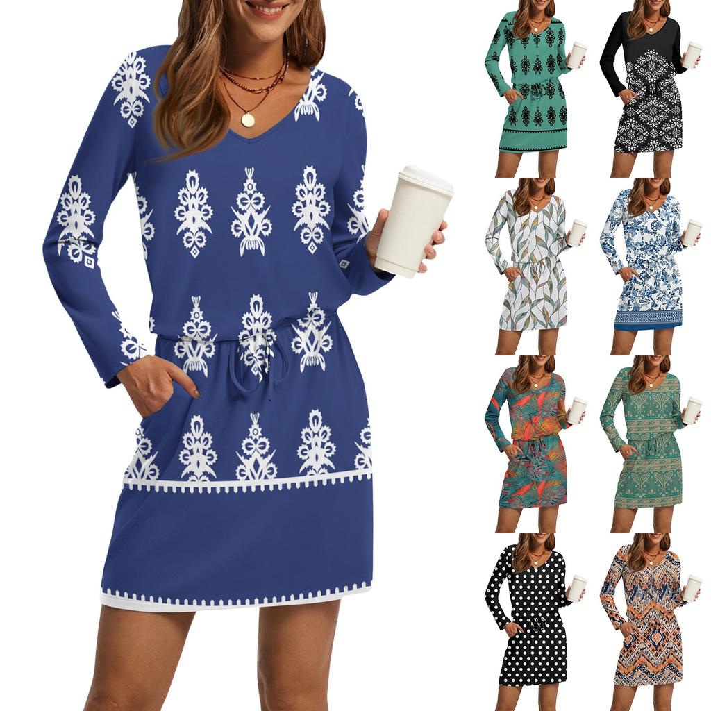 Women's Fashion V-Neck Long Sleeve Drawstring With Pockets Vintage Printed Casual Dresses