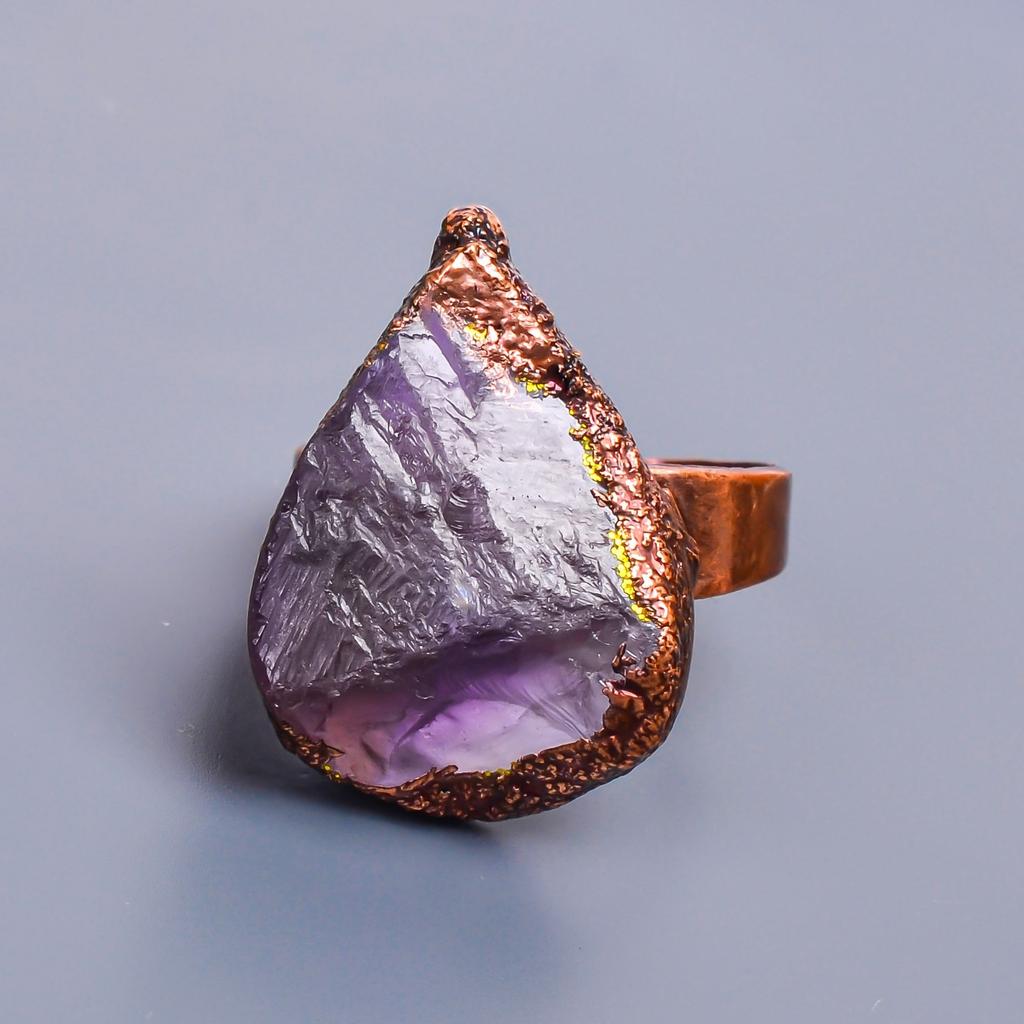 Грубый камень Аметист Груша Корона Чакры Вечности Обещание Бохо Кольцо Ювелирное изделие Медь V-14
