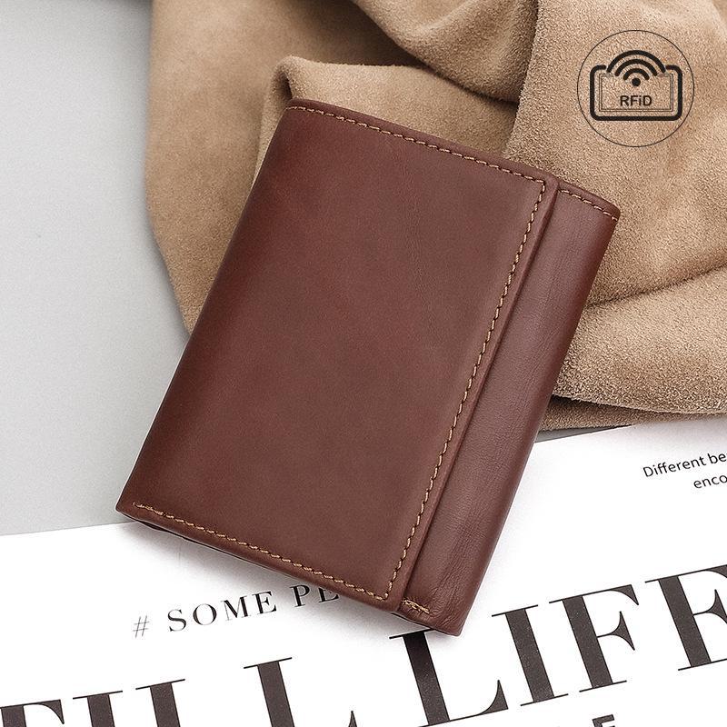 Jiamida Men's RFID-Blocking Retro Genuine Leather Tri-Fold Wallet with Multi-Card Slots and Coin Pocket