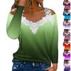 Fashionable Lace V-neck Pullover Long Sleeve Gradient Print Top Casual T-shirt