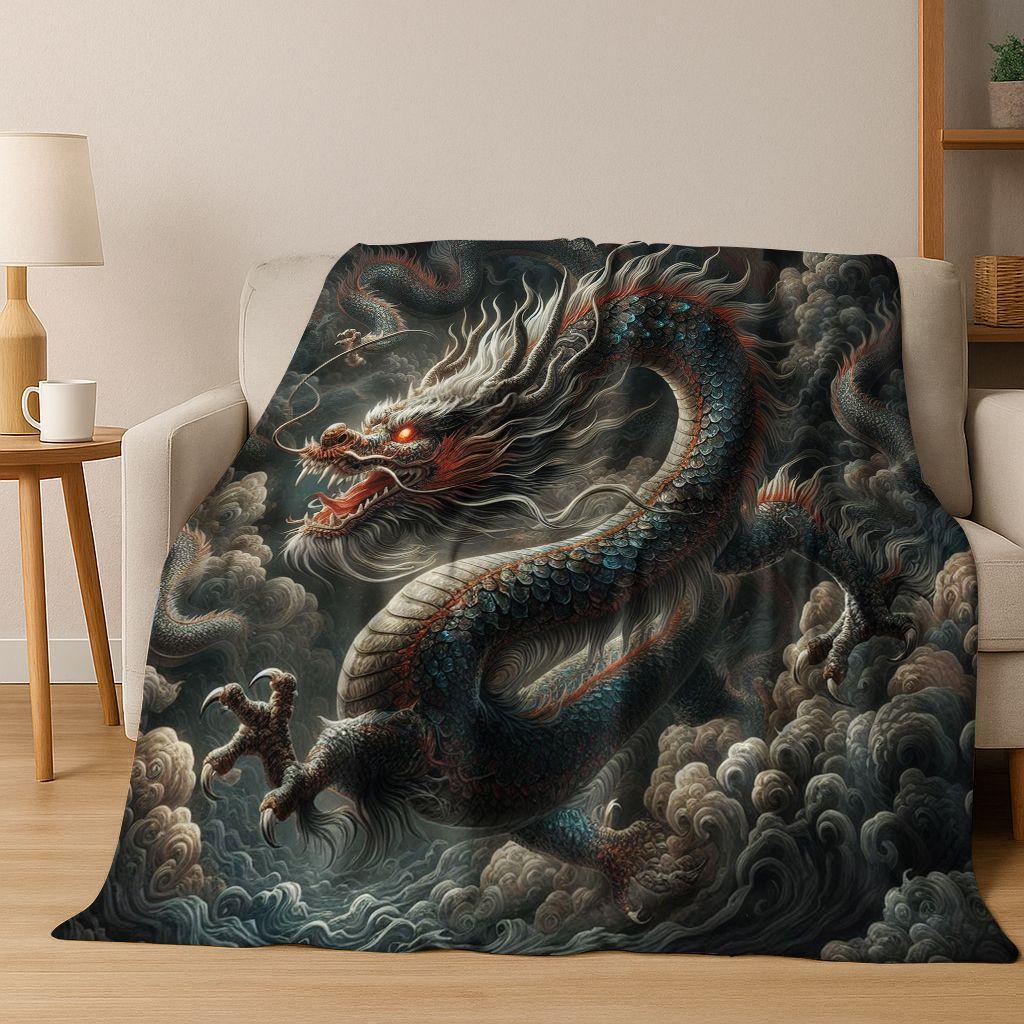 Magic Dragon Mythology Art Chinese Loong Cartoon Flannel Blanket,Cozy Soft Throw Blanket for Home Bedroom Bed Sofa Cover Kid