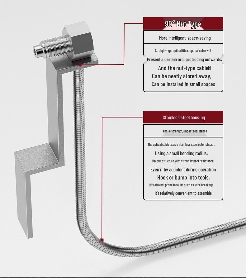 Metal Sheathed Fiber Optic Sensor Amplifier with Right Angle Elbow and Extended Reflective Through-Beam Cable