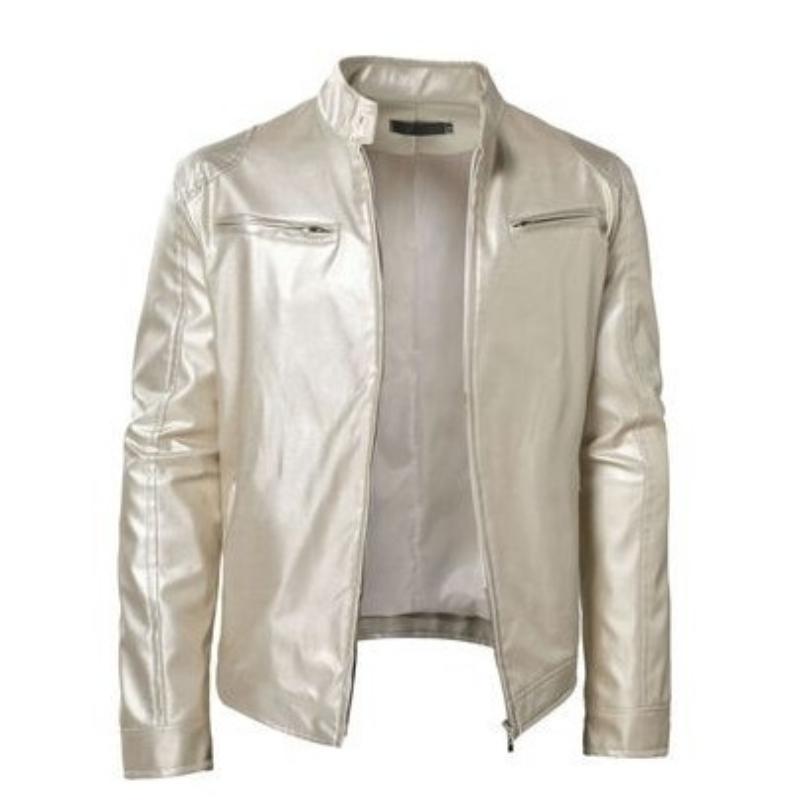 Мужская куртка из натуральной кожи черного и коричневого цвета со стойкой, застежкой-молнией спереди, нагрудными карманами и регулируемыми манжетами