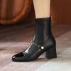 Женская осенняя обувь Кожаные короткие сапоги Люксовый бренд Туфли-лодочки с квадратным каблуком и острым носком Женские модные ботильоны 2024 года с застежкой-молнией сзади