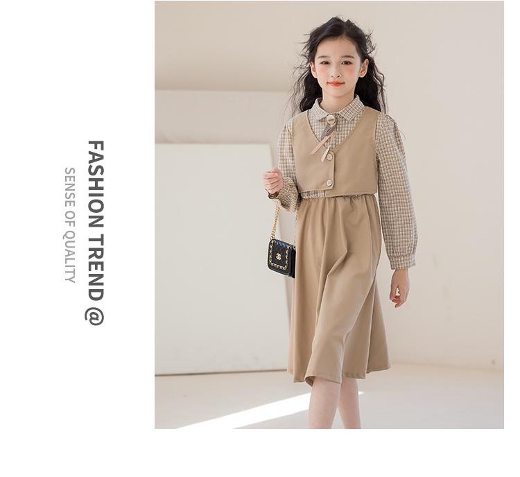 Платье для девочек «Гусиная лапка», имитация двойки - 2025 Осень, студенческий стиль для детей