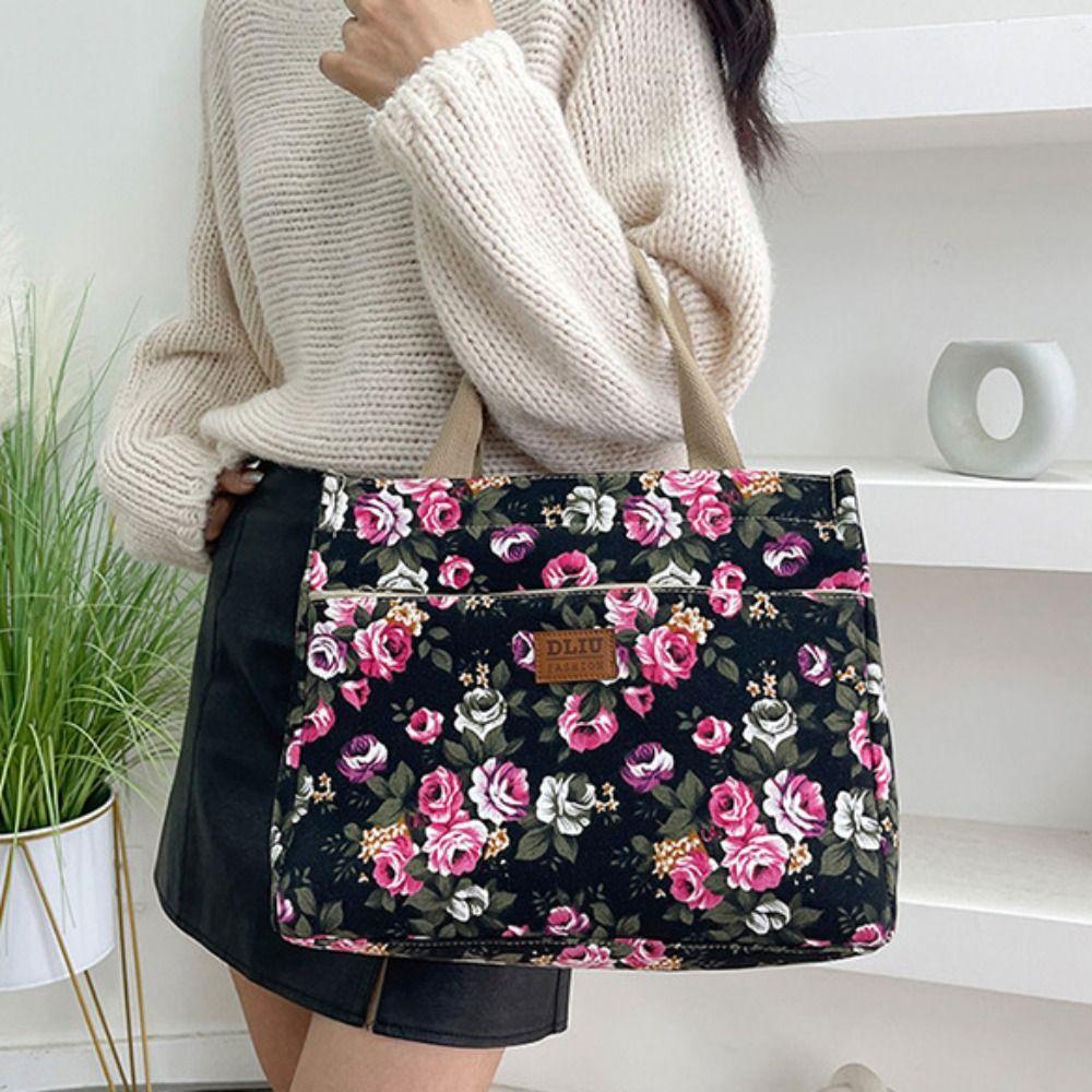 Large Capacity Casual Handbag Zipper Canvas Lunch Bag Portable Floral Print Tote Bag Picnic