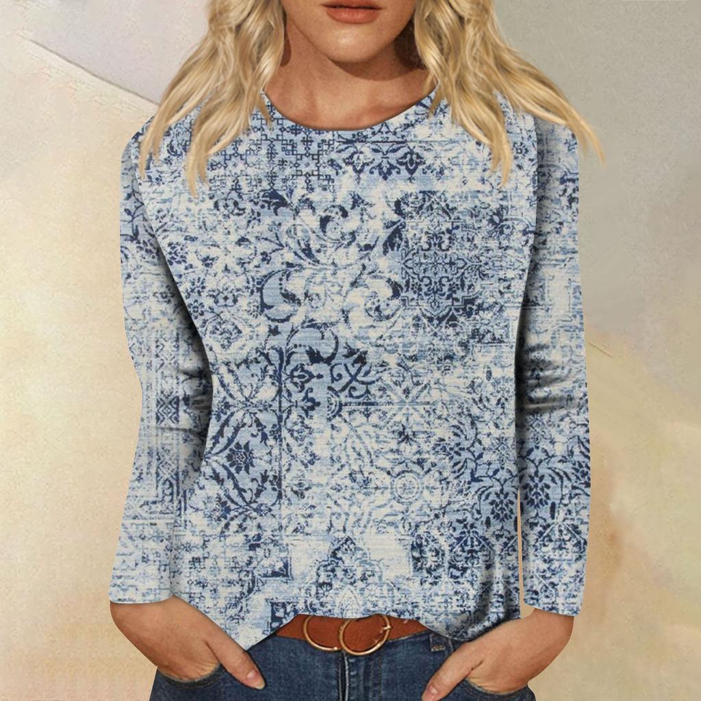 Женская мода, повседневная блузка с длинным рукавом и круглым вырезом, пуловер с принтом