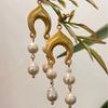 French Retro Fashion Design Elements Natural Freshwater Pearl Fringed Long Unique Gold-Plated Earrings