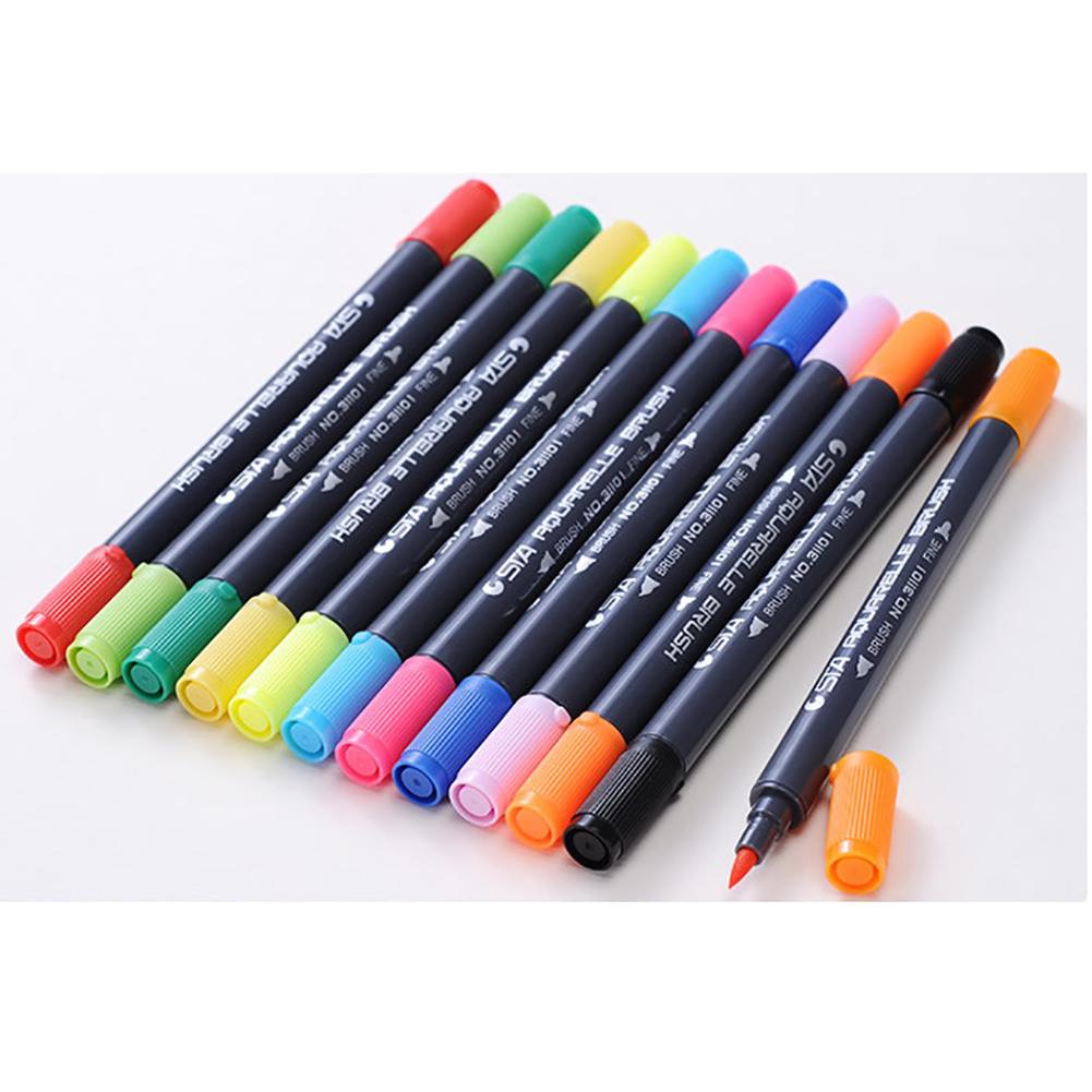 12 Pcs Dual Tip Art Markers Graphic Drawing Water Based Ink Twin Tip Student Dual Nip Brush Pen