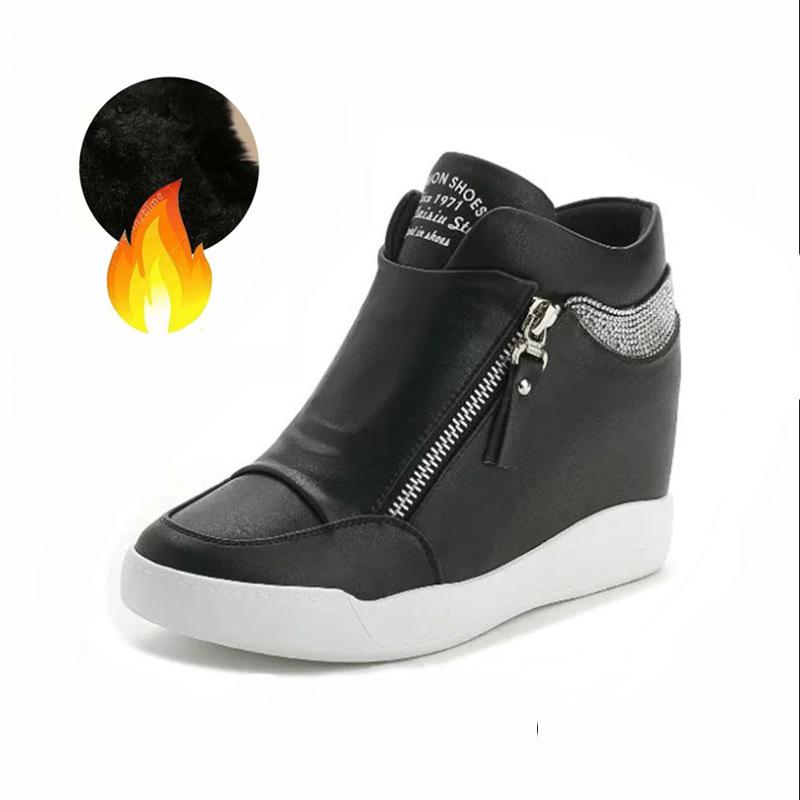 Fashion Plus Size 42 Women Wedge Sneakers Side Zipper PU Leather Casual Flat Shoes Sequins Thick Bottom White Shoes Internal Heighten