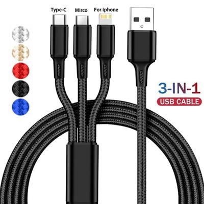 3 в 1 USB-зарядное устройство Быстрозарядный кабель Type C Micro IOS Мультизарядный кабель для iPhone Huawei Samsung Нейлоновая оплетка