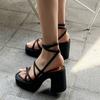 Женские ультра-высокие туфли на платформе и высоком каблуке 2024 года, летние новые сексуальные модные босоножки на толстом каблуке с открытым носком в корейском стиле в стиле римских босоножек