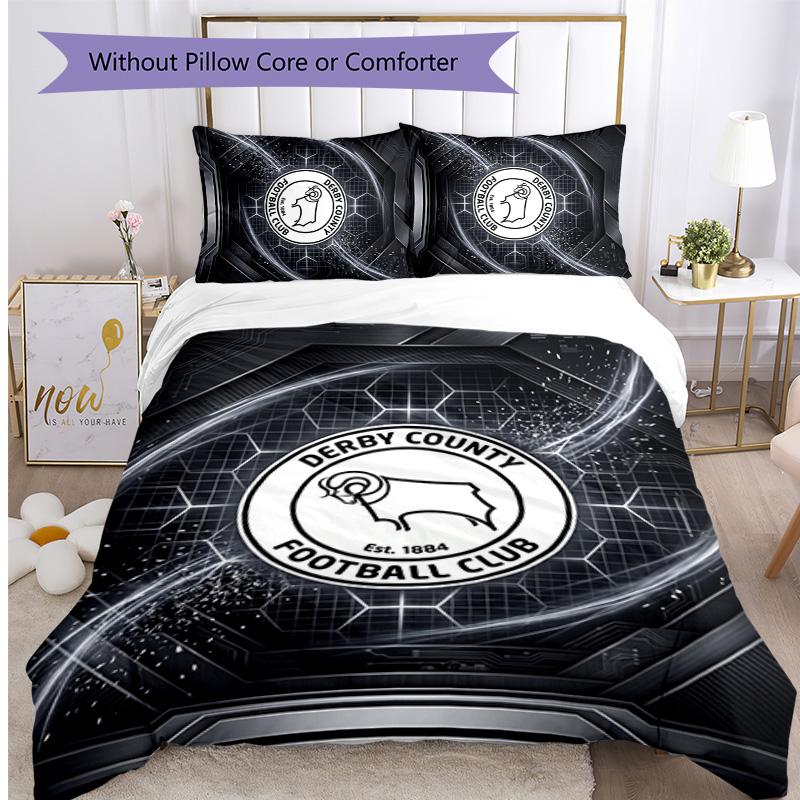 Derby County Football Printed 3 Pieces Bedding Set, Comfortable Skin Friendly Bedroom Duvet Cover Set