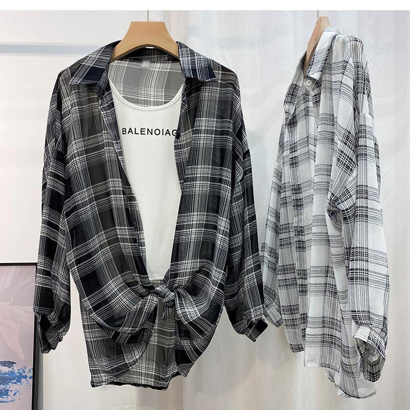 Женская тонкая клетчатая рубашка, повседневная блузка с длинным рукавом, солнцезащитное шифоновое пальто, женский кардиган на пуговицах, универсальная рубашка, топы Y2k