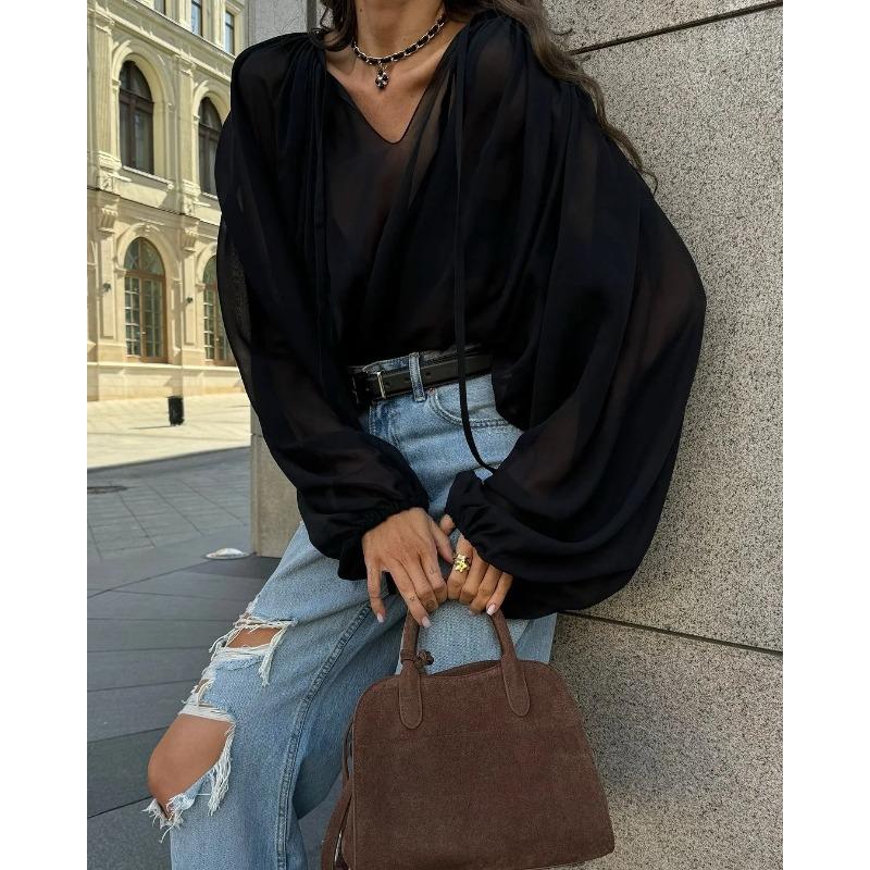 Женская одежда Design Sense Loose V Neck шнуровка рубашка осень зима новая женская сексуальная шифоновая однотонная рубашка темперамент