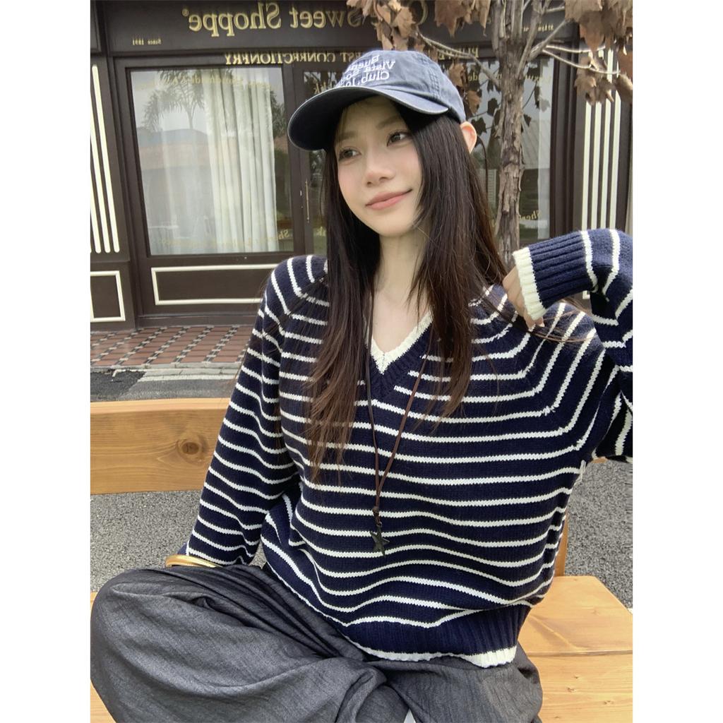 Премиальный контрастный воротник полосатый свитер женский осенне-зимний повседневный свободный большого размера ретро базовый топ