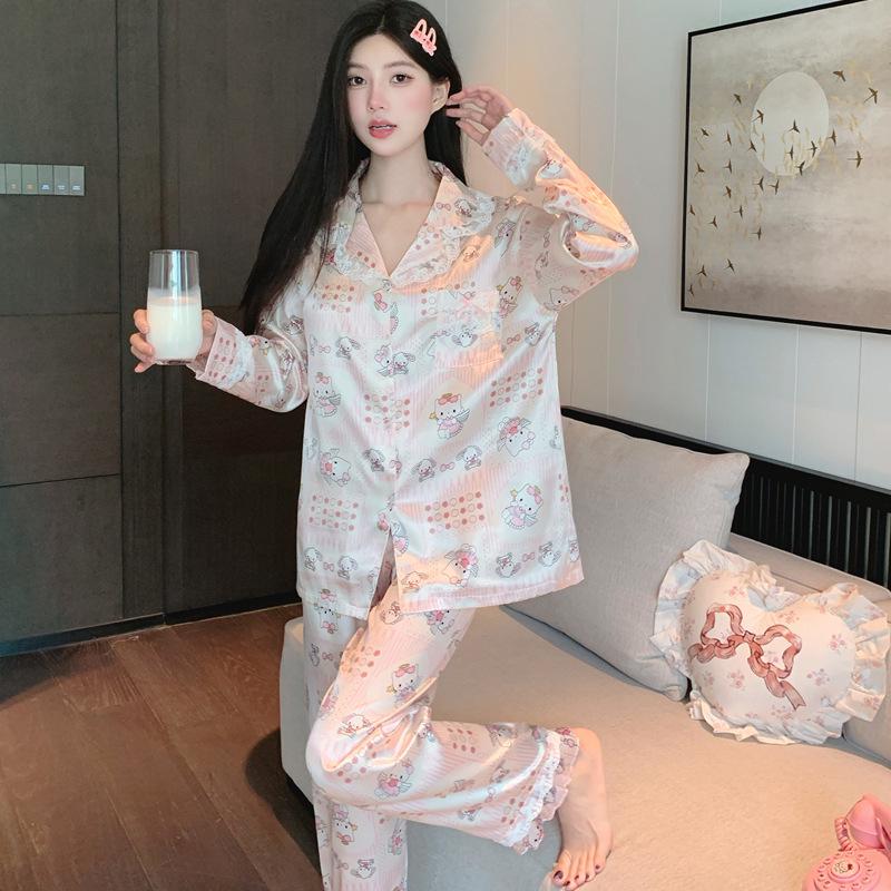 Japanese Sweet Ins Ice Silk Pajamas Set for Women - Light Luxury, Long Sleeve, Long Pants, Suitable for Spring and Autumn/Homewear.