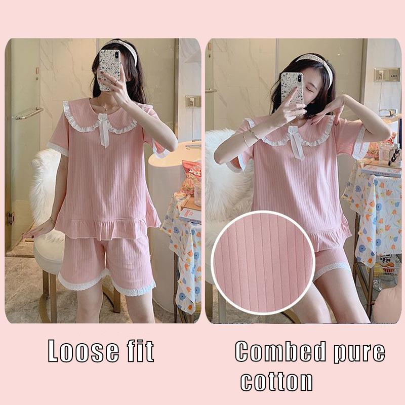 Pajama Women's Short Sleeved Cotton Cute Princess Style Summer Lace Home Clothing Set