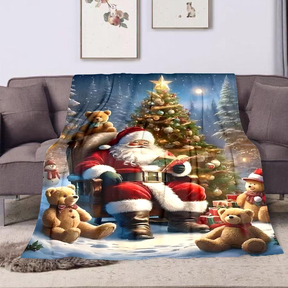 Santa Claus with Teddy Bears by Christmas Tree Patterned flannel blanket perfect for the bedroom living room, sofa, or a little nap