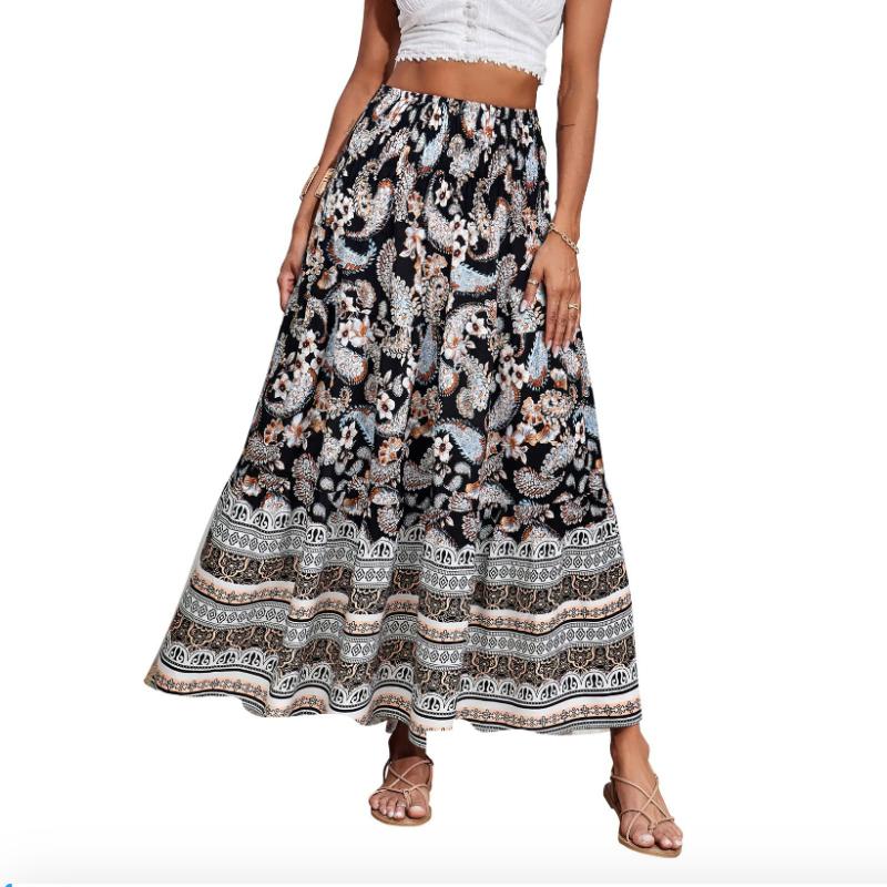 Женская летняя юбка с принтом, большая юбка-солнце, богемная повседневная юбка с высокой талией, длинная юбка, пляжная юбка для женщин