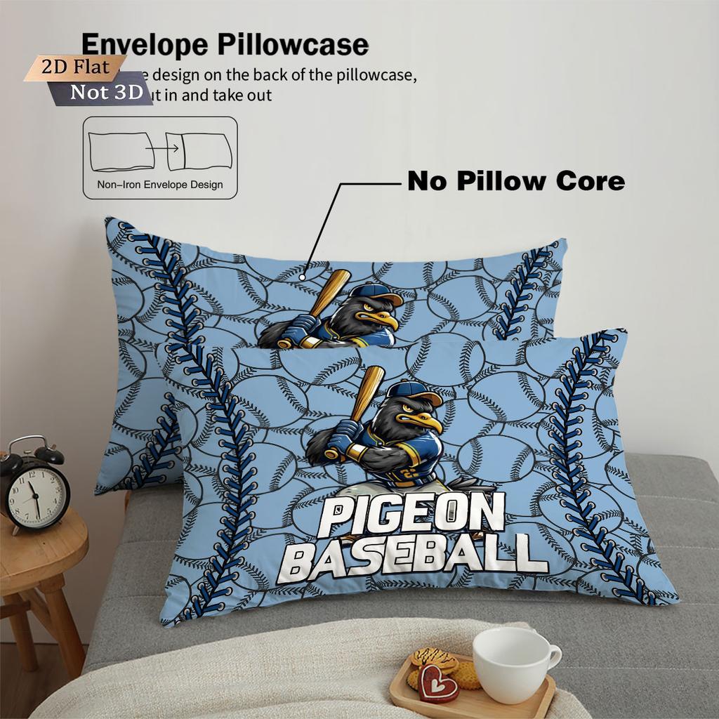 3Pcs Cartoon Pigeon Baseball Pattern Print Coreless Down Duvet Cover Set Multi Size Bedroom Bedding Decoration Machine Washable
