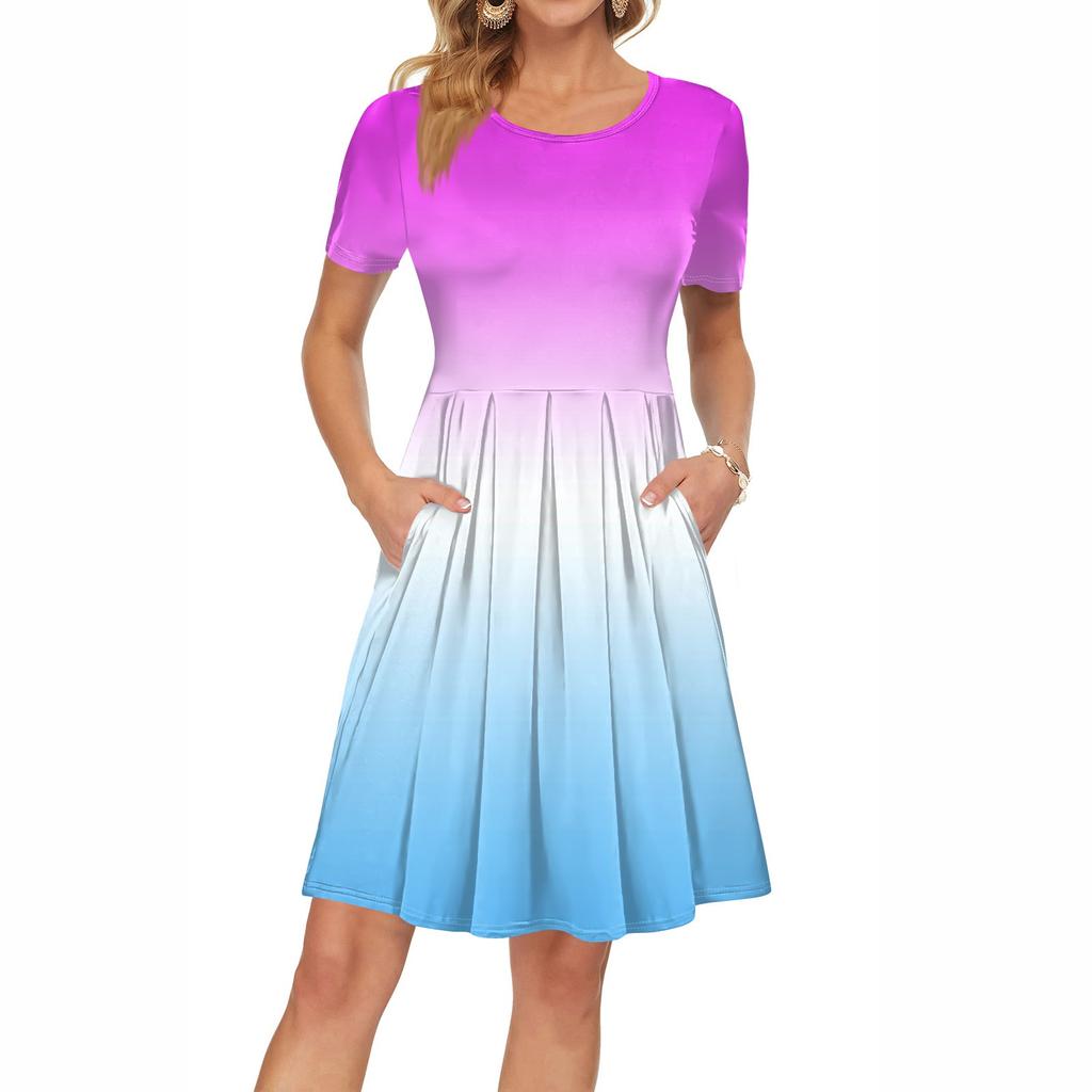 Женское платье с коротким рукавом, плиссированное, свободное, повседневное платье с карманами, платья длиной до колена