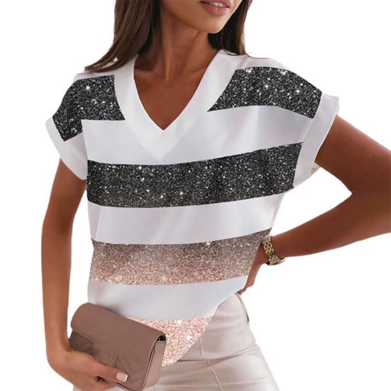 Свободная женская футболка с v-образным вырезом и коротким рукавом, летняя блузка с принтом в полоску, уличная одежда