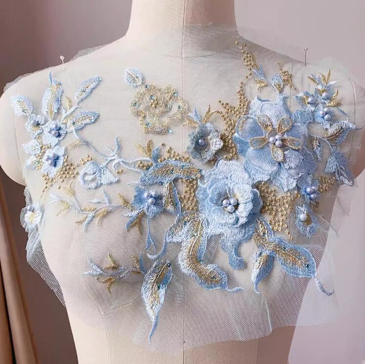 1 Piece Large 3D Lace Applique Trim Patches Pearl Purple Flower For Prom Wedding Dress Accessory Lace Fabric DIY 33*26cm