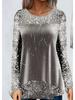 Sequined Stitch Print Round Neck Long Sleeve Irregular Hem Women's Top