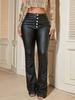 Rose Beauty A  Rave Vintage High Waist Stretchy Button Fly PU Leather Skinny Flare Leg Pants Daily Casual Trousers