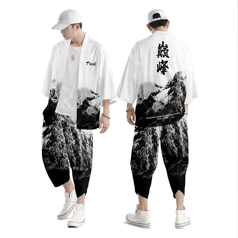 Fox Printing Japanese Style Fashion Kimono and Pants Set Men Cardigan Blouse Haori Obi Asian Clothes