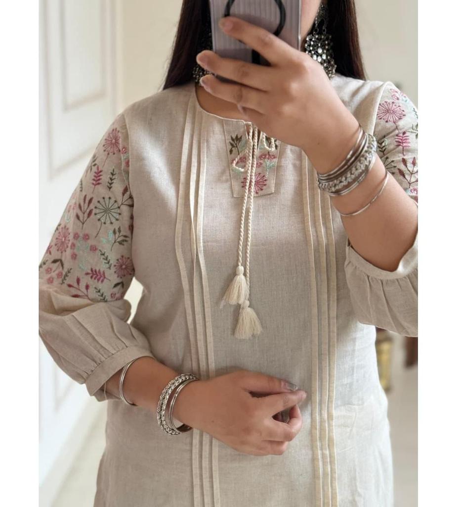 Индийский дизайнерский льняной хлопковый комплект курта и брюки для женщин, болливудский топ, туника, вышитое платье-курти