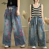 Plus Size Spring Summer Women Vintage Floral Print Jeans Drawstring Casual Loose Baggy Denim Trousers Retro Ladie's Streetwear Wide Leg Jeans