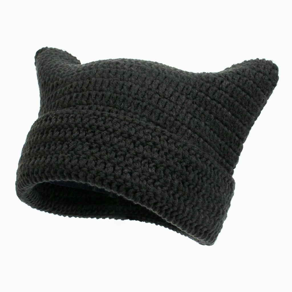Y2K Knitted Cute Cat Ears Beanie Hats for Women Winter Warm Striped Korean Punk Gothic Streetwear Handmade Crochet Bucket Cap