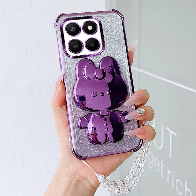 Luxury Shockproof Phone Case with Cute Rabbit Makeup Swivel Stand Crystal Lanyard For Honor 400 Smart 5G X7d Play 10T Back Cover