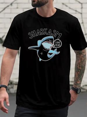 Смешная футболка с принтом акулы - Надписи "SHARKASMIC" и "Люблю салат" - Легкая летняя футболка для пляжа