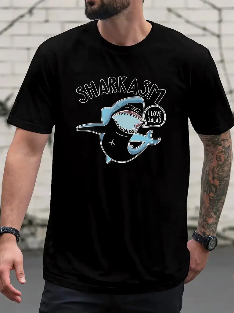 Смешная футболка с принтом акулы - Надписи "SHARKASMIC" и "Люблю салат" - Легкая летняя футболка для пляжа