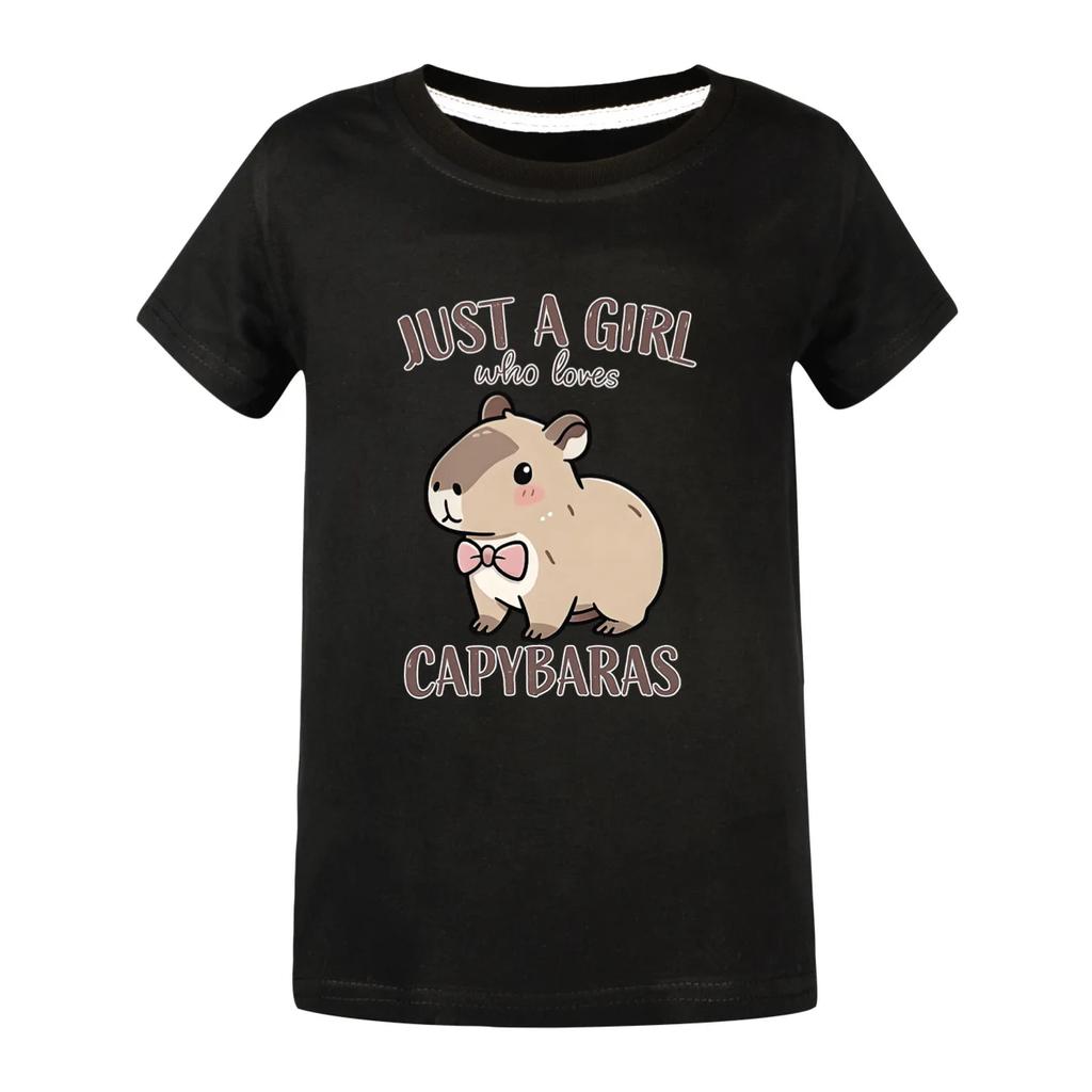 Kid Short Sleeve T Shirt Just A Girl Who Loves Capybara Cute Bow Tie Capybara Print O-Neck Tee Lovely Animal Graphic Girls Top