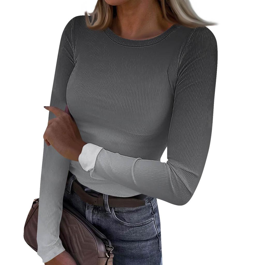 Women's  And Winter Slim Bottom T-shirt Fashion Casual Gradient Printing Round Neck Pullover Long Sleeve Top