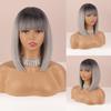 Ombre Grey Color Women Fashion Shoulder Length Natural Straight Bob Wig with Bangs Daily Wear Cosplay Synthetic Wig