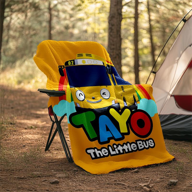 1pc Tayo The Little Bus2 Theme Soft Flannel Throw Blanket - Digital Print, Polyester, Cozy for All Seasons, Perfect for Outdoor, and Travel